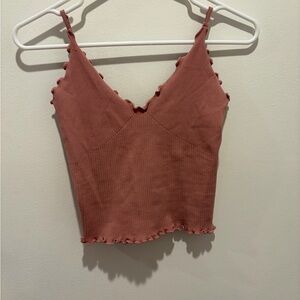 Free People Ribbed V-Neck Lettuce-Edge Cami in Mauve